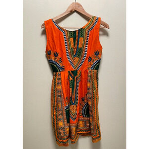 Vintage Womens Mini Dress Medium Colorful Geometric Pleated Sleeveless Art Boho